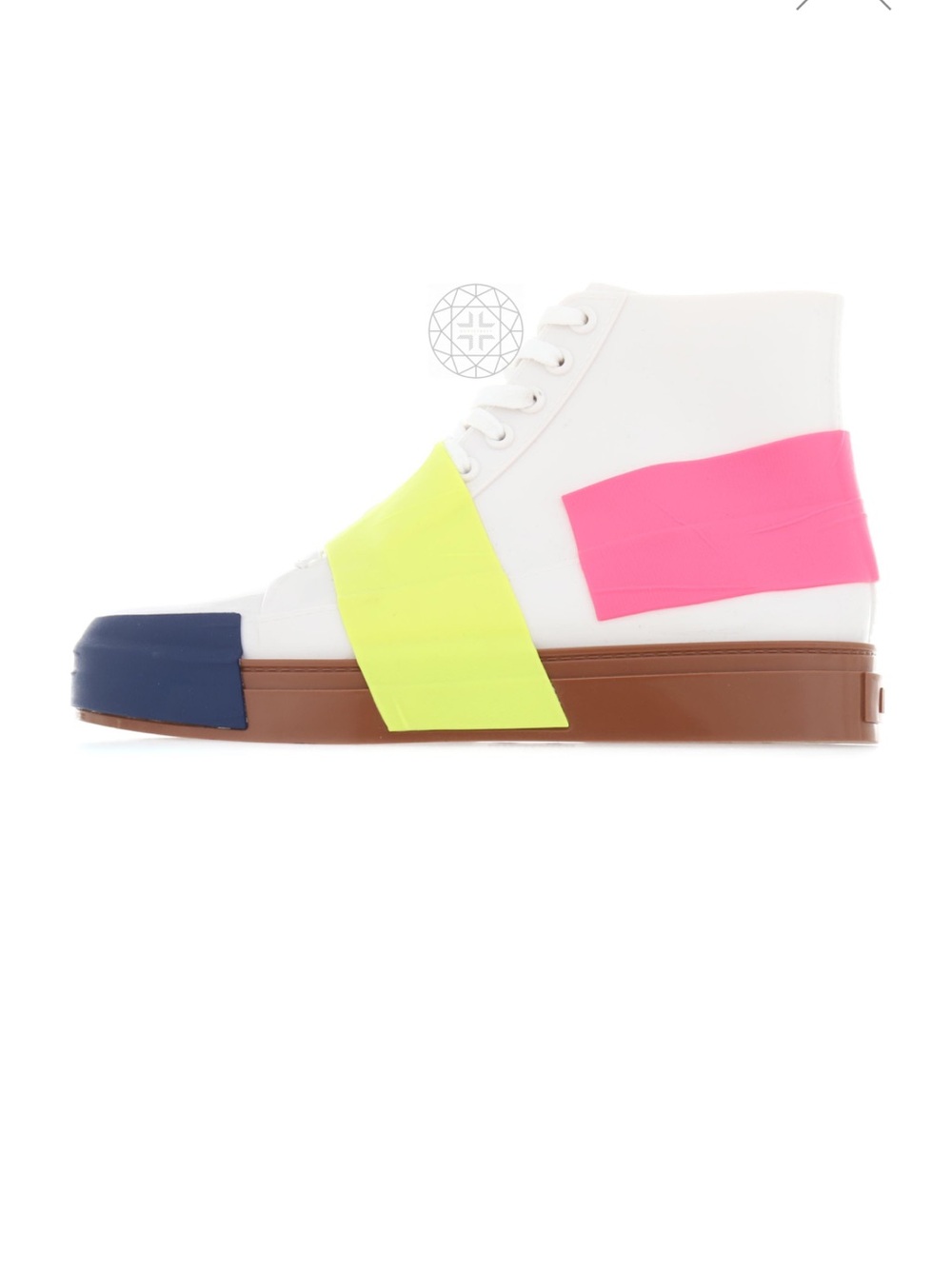 Melissa Crew White High-Top Sneakers with Neon Yellow, Hot Pink & Navy Accents